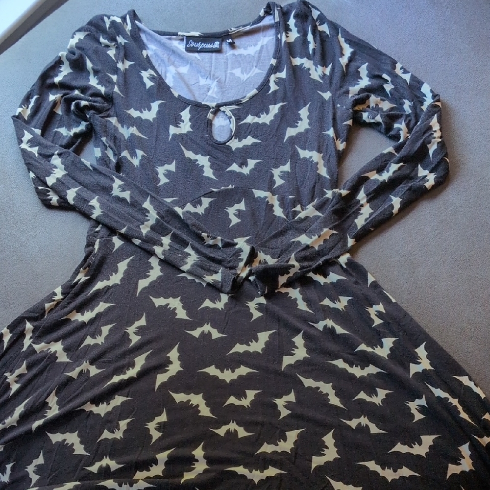 Sourpuss Black and Cream Bat Print Midi Dress